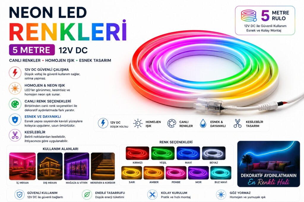 12 Volt Neon Led - 5 Metre Ve Renkleri - 10292 6 5 Metre 12 Volt Neon LED renkleri