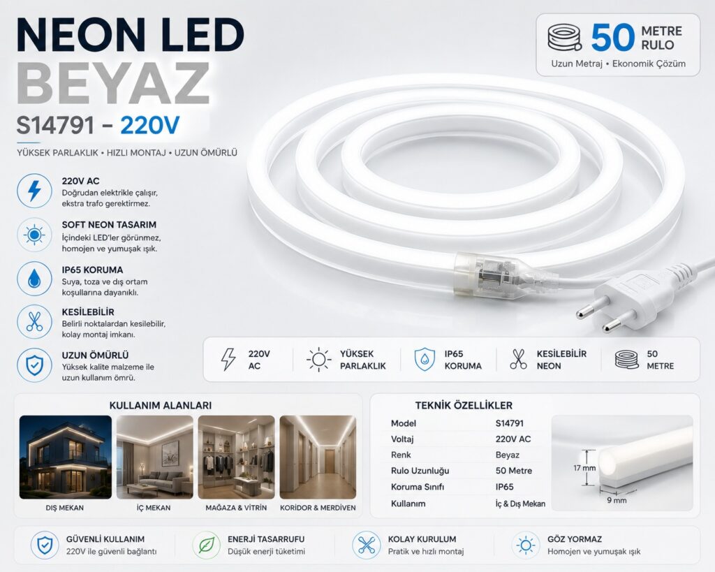 Neon LED Beyaz - 8X16mm 4 220V Beyaz Neon LED 50 Metre S14791