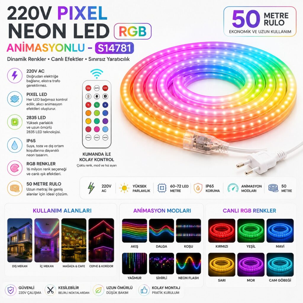220V Pixel Neon LED RGB Animasyonlu – S14781 6 220V Pixel Neon LED RGB Animasyonlu S14781