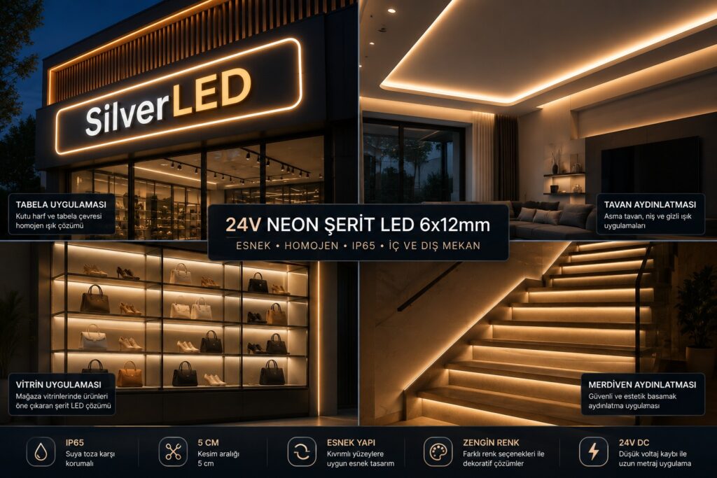 24 Volt Neon Şerit LED 6x12 mm ile tabela, vitrin, tavan ve merdiven aydınlatma uygulamaları.