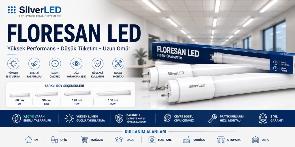Floresan LED tüp modelleri ile ofis, fabrika, depo ve ticari alanlar için enerji tasarruflu aydınlatma çözümleri.