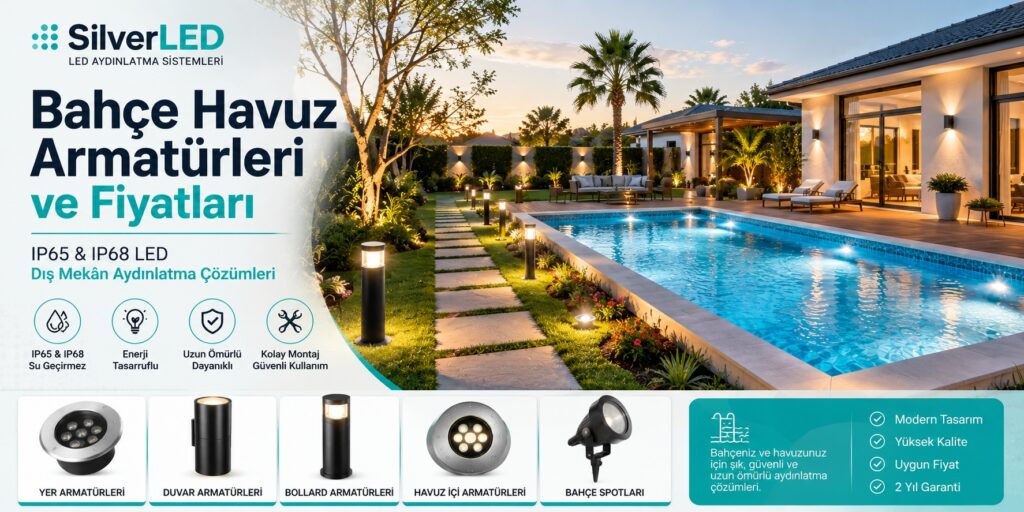 IP65 ve IP68 LED bahçe havuz armatürleri ile modern dış mekân aydınlatma uygulaması.
