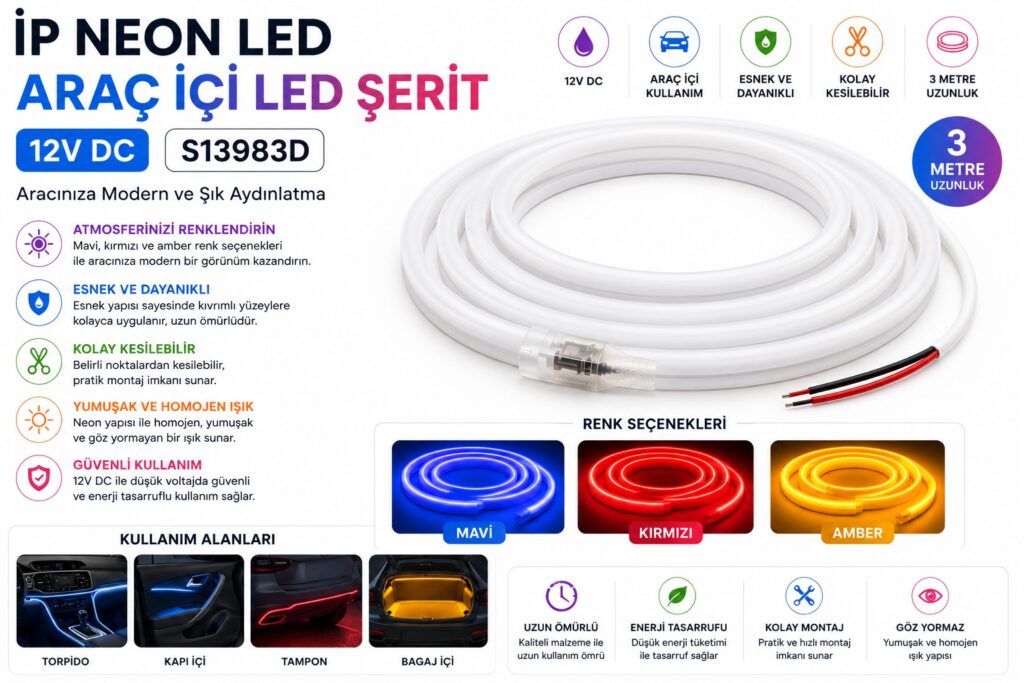 İp Neon Led - Araç İçi Led Şerit 12V - S13983D 8 İp Neon LED Araç İçi LED Şerit 12V S13983D