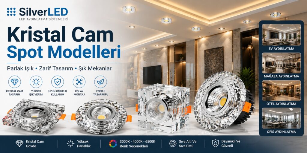 Kristal cam LED spot modelleri ile ev, otel, mağaza ve ofisler için dekoratif tavan aydınlatma çözümleri.