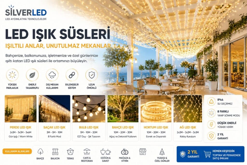 LED ışık süsleri ile bahçe, balkon, kafe, restoran, mağaza ve yılbaşı dekorasyonları için dekoratif aydınlatma çözümleri.