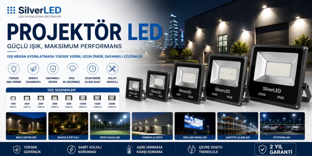 LED projektör modelleri ile bina cepheleri, otoparklar, fabrikalar ve dış mekânlar için yüksek güçlü aydınlatma çözümleri.