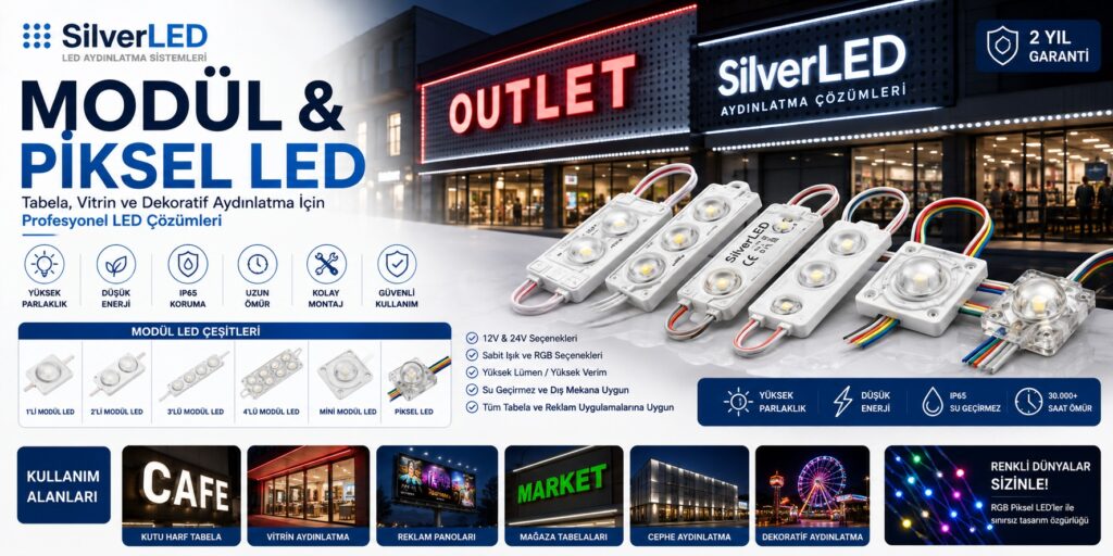 Modül ve piksel LED modelleri ile tabela, kutu harf, vitrin ve dekoratif aydınlatma uygulamaları için profesyonel LED çözümleri.