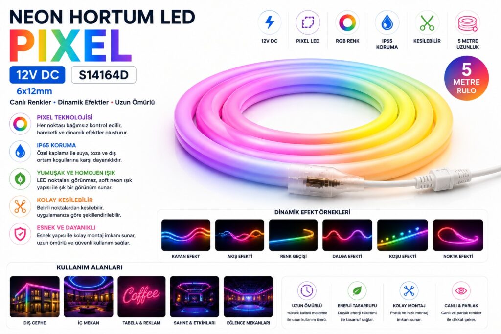Neon Hortum Led - RGB 12V 6X12MM - S14164D 6 12V RGB Pixel Neon Hortum LED S14164D