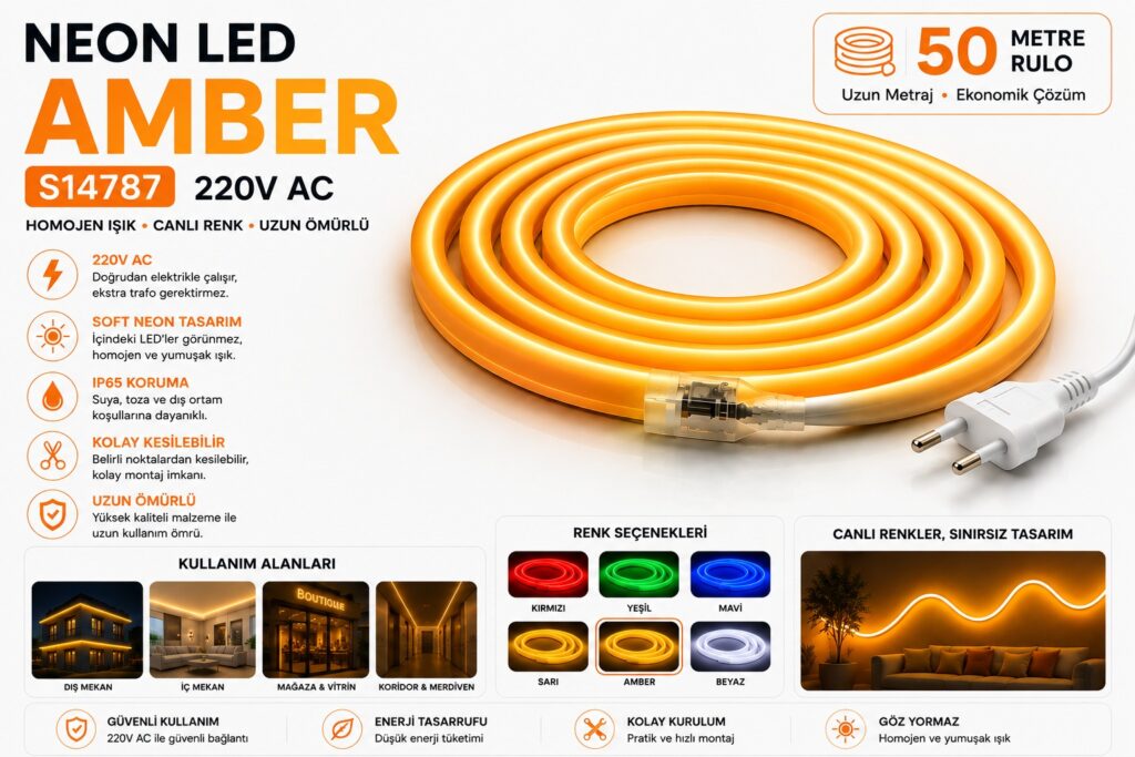 NEON Led Amber - 8X16mm 6 220V Amber Neon LED dekoratif aydınlatma