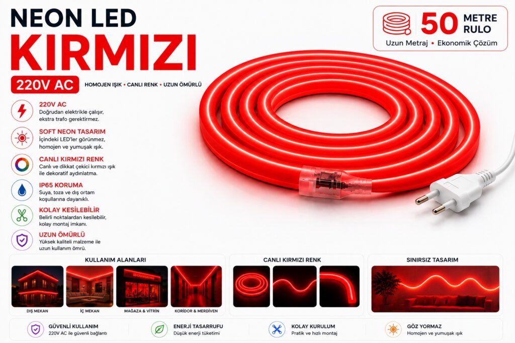 Neon Led Kırmızı - 8X16mm 6 220V Kırmızı Neon LED dekoratif aydınlatma