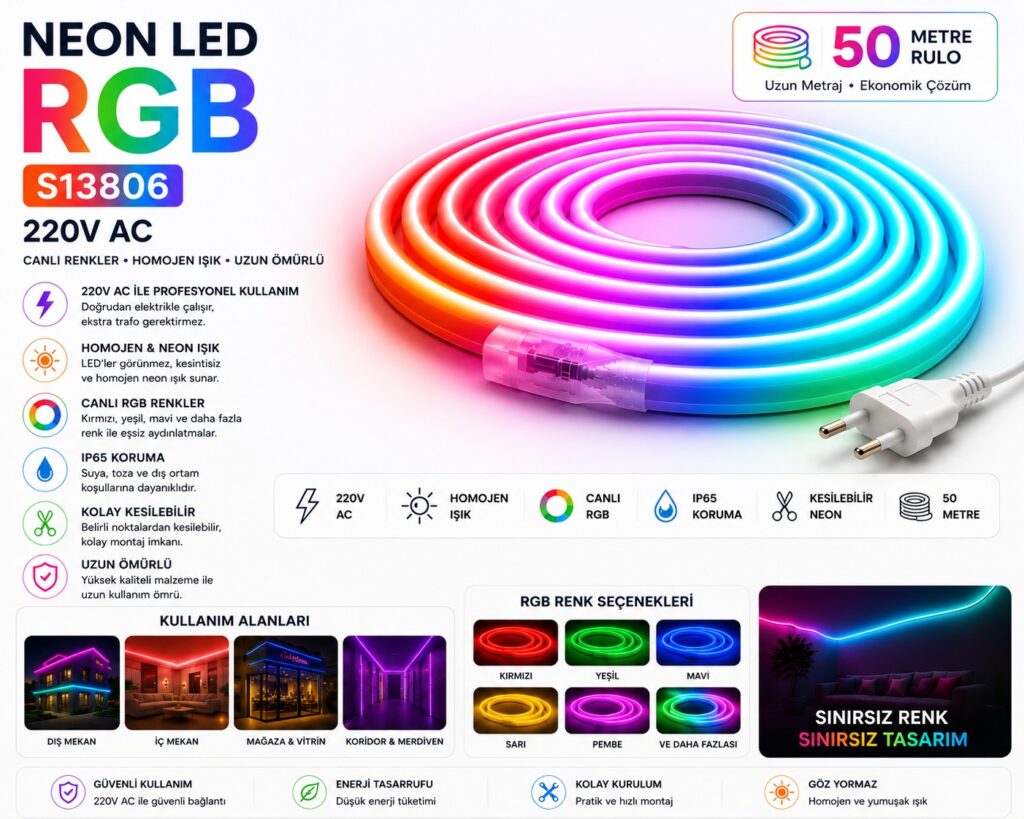 Neon Led RGB - 220 Volt 11X22mm S13806 6 220V RGB Neon LED S13806 dekoratif aydınlatma