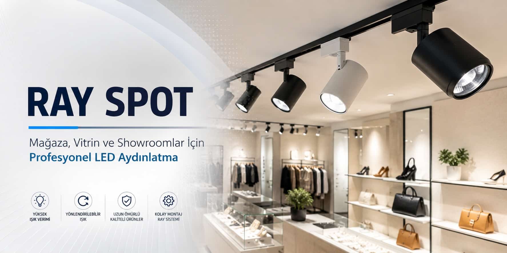 Ray spot ve LED aydınlatma ile aydınlatılmış mağaza ve showroom