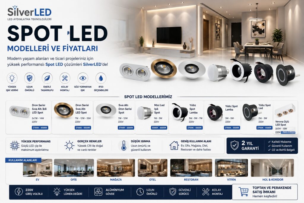 Spot LED modelleri ile ev, ofis, mağaza ve ticari alanlar için profesyonel LED aydınlatma çözümleri.