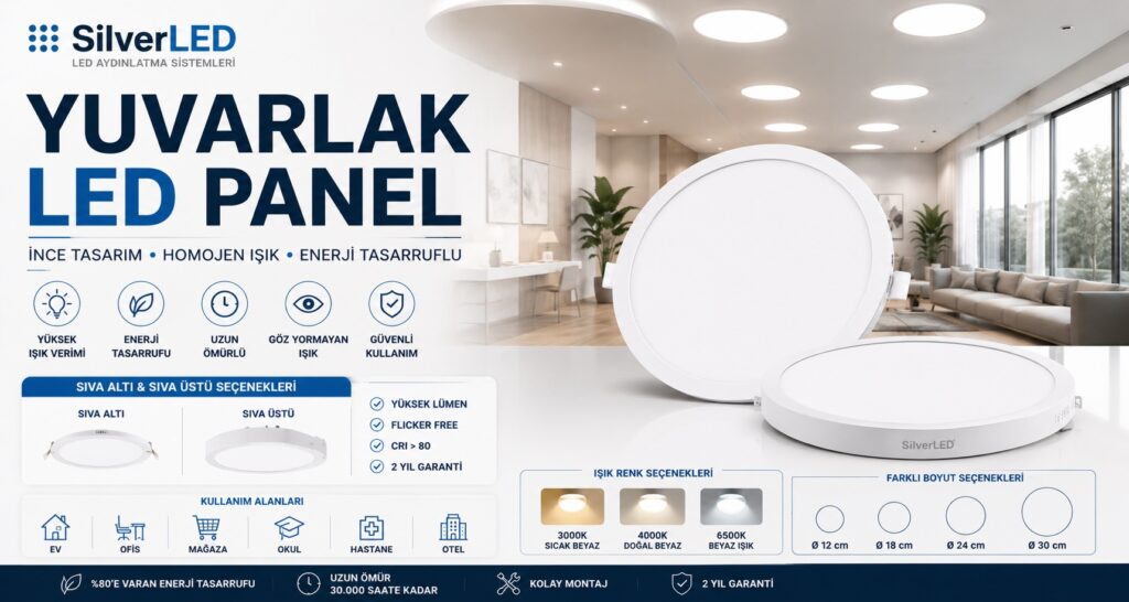 Yuvarlak LED panel modelleri ile ev, ofis, mağaza ve hastaneler için modern iç mekân aydınlatma çözümleri.