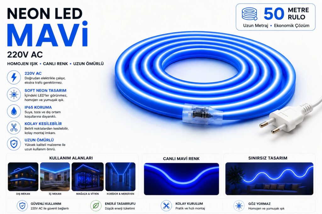 Neon Led Mavi - 8X16mm 6 220V Mavi Neon LED dekoratif aydınlatma