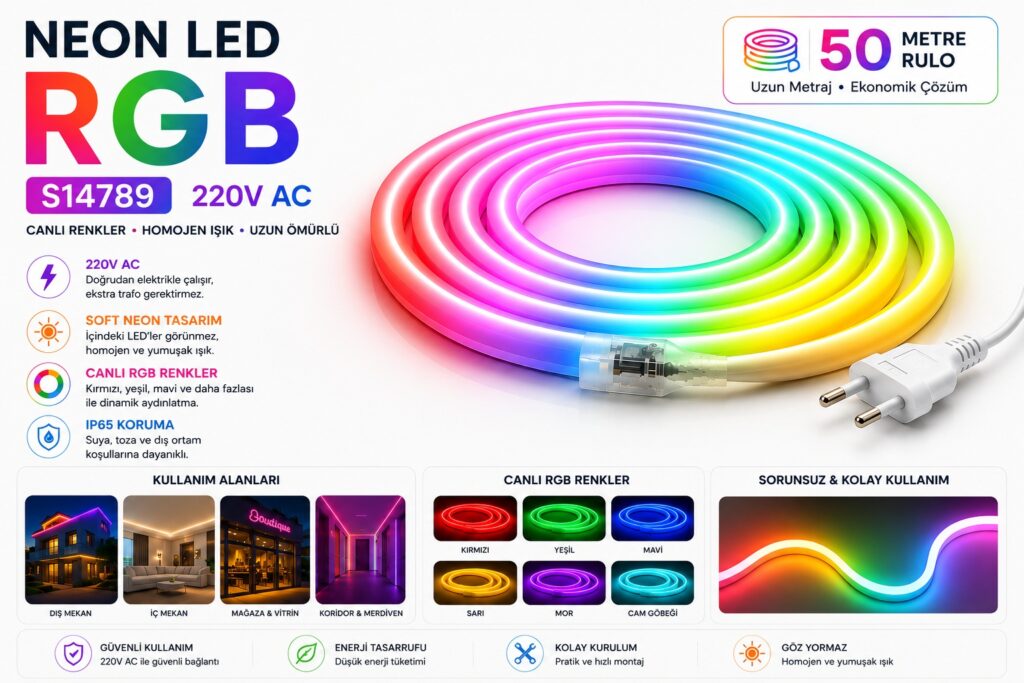 Neon Led RGB - 220V 14X25 mm (Dekorunuzu Güzelleştirin) 6 Neon LED RGB 220V 14x25mm IP65
